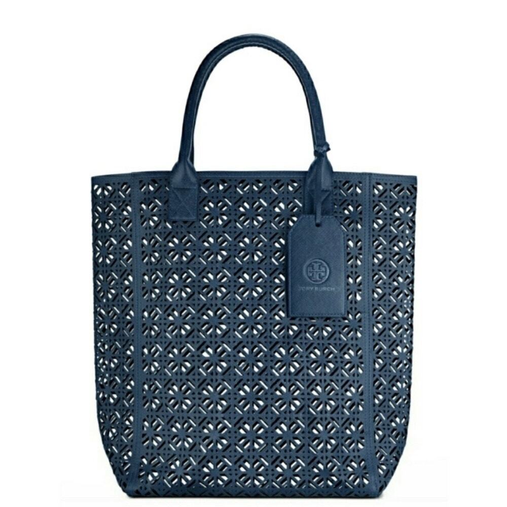NEW Tory Burch Purse Dark Navy Blue Large Tote Purse Patent leather Laser Cut